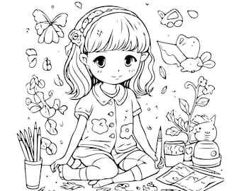 May include: Black and white coloring book cover with the text "25 Coloring Pages For Little Girls". The illustration features a young girl surrounded by coloring supplies and whimsical drawings of butterflies and flowers.