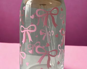 Trendy Coquette Cup| Pink Bow| Pink Hearts Glass Tumbler|Iced Coffee Glass| 16 oz Tumbler| Girly Aesthetic| Pink Bow Cup|Girly Birthday Gift