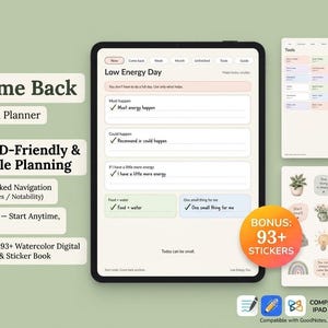 Könnte beinhalten: Ein digitaler Planer auf einem Tablet-Bildschirm mit einer Vorlage für einen Low Energy Day mit Abschnitten für Must happen, Could happen und Food + water. Das Layout enthält Hyperlink-Navigation, eine Werkzeugseite und 93+ Aquarell-Sticker.