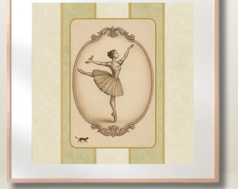 アンティークバレリーナ絵画：バレエ壁掛け印刷可能、ヴィンテージ