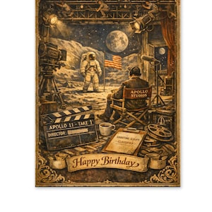 Moon Landing Hoax Birthday Card – Apollo Studios Conspiracy Vintage Illustrated