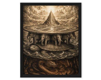 Hindu Cosmology Framed Canvas Print, Mount Meru Wall Art, Sepia Engraving Style Decor