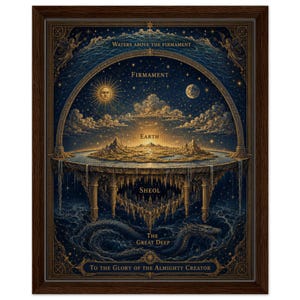 May include: A framed wall art print depicting a flat earth cosmology with gold and blue tones. Text labels include Waters Above the Firmament, Firmament, Earth, Sheol, The Great Deep, and To the Glory of the Almighty Creator, featuring a sun and moon.