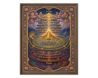 Hindu Cosmology Framed Canvas Print, Mount Meru Flat Earth Wall Art, Esoteric Wall Decor