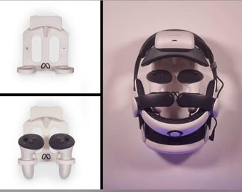 May include: White VR headset and controllers mounted on a white wall holder. The headset is black and white with a silver top. The controllers are black and white with a white base. The holder has the infinity symbol.