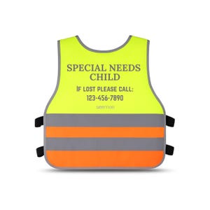 Puede incluir: Chaleco de alta visibilidad amarillo neón con el texto "SPECIAL NEEDS CHILD" y un número de teléfono. Cuenta con rayas reflectantes grises y naranjas y correas laterales negras. La marca "seemee" está impresa en la parte inferior.