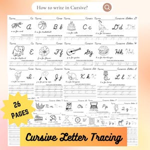 May include: A 26-page cursive letter tracing worksheet set featuring black and white illustrations for each letter of the alphabet, including an ant, basketball, cake, dinosaur, elephant, flower, guitar, hamburger, ice cream, jump rope, kangaroo, lamp, net, owl, pizza, queen, train, umbrella, volcano, wheel, x-ray, yak, and zebra.