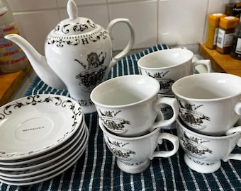 RARE Hendricks Gin Tea Set - Teapot, 6 Teacups and Saucers. Illustrated Bone China, Collectible, Gift-Ready