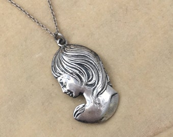 Vintage Lady Charm Necklace | Silver Figural Pendant | 1970s Demure Doe-Eyed Girl Charm