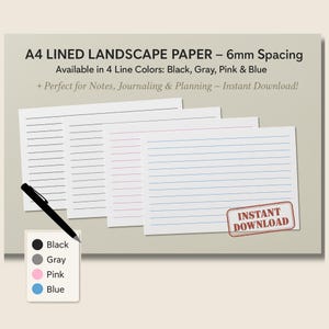 Può includere: Carta A4 a righe orizzontali con spaziatura di 6 mm, disponibile in nero, grigio, rosa e blu. L'immagine mostra fogli di carta con linee colorate, una penna nera e un timbro "Download istantaneo".