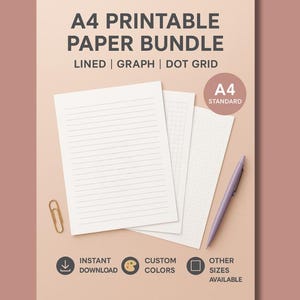 Puede incluir: Paquete de papel imprimible A4 con páginas rayadas, de cuadrícula y de puntos. La imagen muestra una pila de papel blanco, un clip dorado y un bolígrafo morado. El texto de la imagen dice "A4 Printable Paper Bundle".