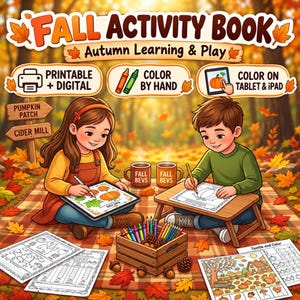 Può includere: Un libro di attività autunnali intitolato Fall Activity Book con opzioni stampabili, digitali, da colorare a mano e su tablet. Due bambini sono seduti su una coperta in un bosco, usando un tablet e un tavolino in legno per colorare.