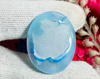 Aqua Chalcedony Druzy Cabochon: Oval Gemstone, 50.00 CT