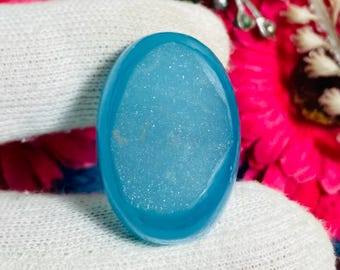 Lite Blue Chalcedony Agate Druzy Cabochon: Oval Gemstone, 50 Carat