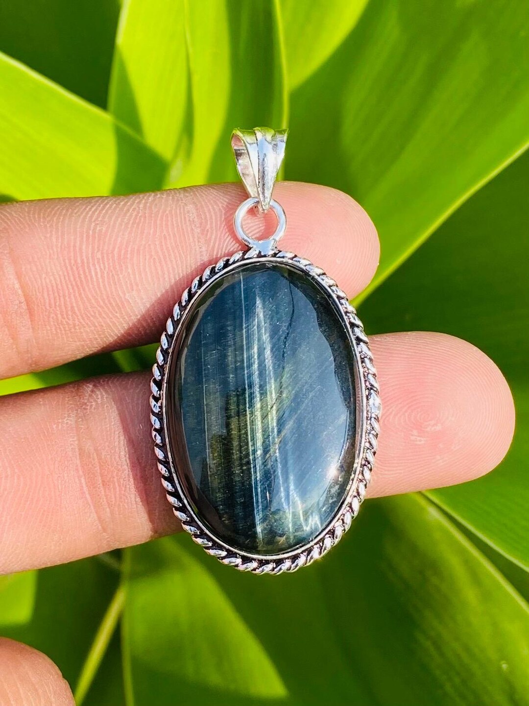 Handmade Sterling Silver Blue Tiger Eye Pendant Oval Gemstone