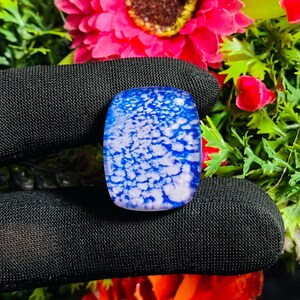 May include: A rectangular, blue and white gemstone with a cloud-like pattern. The stone is held against a black fabric background, with vibrant pink and red flowers and green foliage in the background.