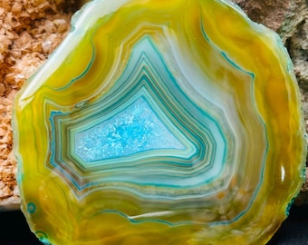 Druzy Banded Agate Slice Cabochon, Fancy Gemstone for Jewelry Making (66X64X6MM 213.85 CT)