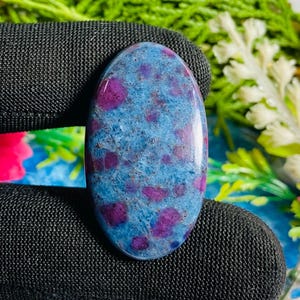 May include: Oval gemstone with a polished surface. The stone has a blue base colour with irregular patches of deep magenta. The gemstone is set against a black background with green foliage in the background.
