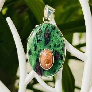 Ruby in Fuchsite Pendant with Sunstone, German Silver Oval Gemstone Jewelry, Natural Green Purple Stone Pendant, Statement Necklace