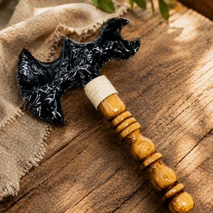 Handmade Black Obsidian Axe | Flint Knapped Stone Tomahawk | Primitive Hatchet with Wooden Handle | Rustic Collectible | 7 Inch