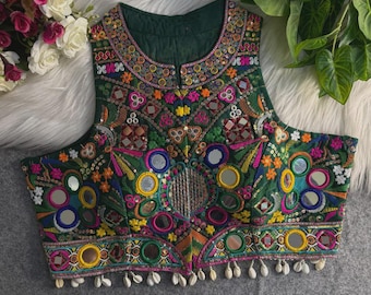 Navratri Sleeveless Mirror Work Front Open Blouse | Embroidery Hand Mirror Work | Padded Front Open with Hooks | Halter Neck Garba Blouse