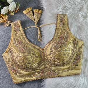 Gold Sabyasachi Inspired Neck Bridal Blouse | Beads Work & Heavy Embroidery Blouse | Padded n Back Open Design | Ready-to-Wear Sabyasachi Blouse
