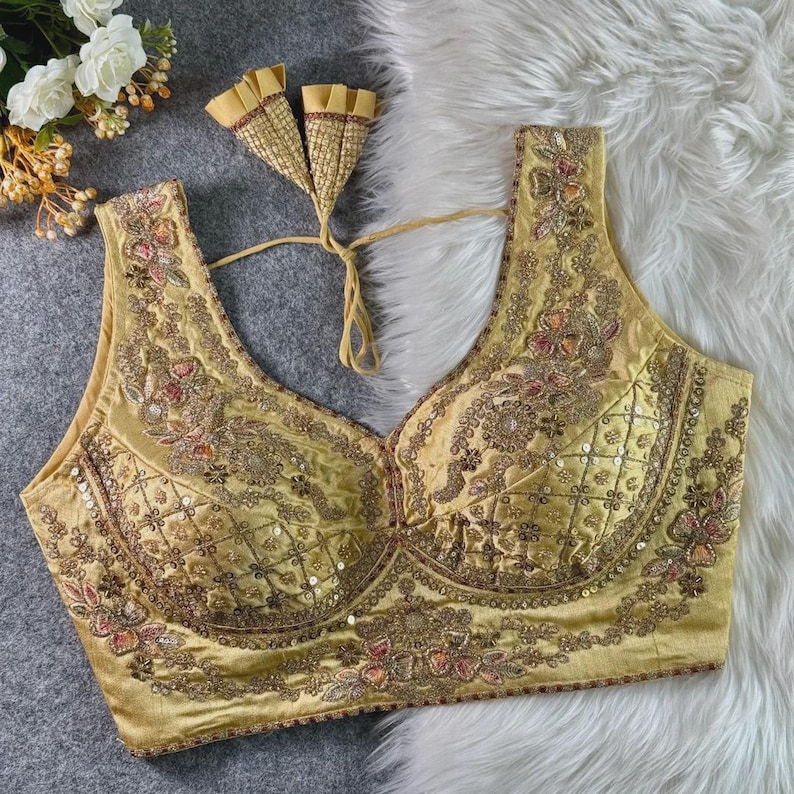 Gold Sabyasachi Inspired Neck Bridal Blouse | Beads Work & Heavy Embroidery Blouse | Padded n Back Open Design | Ready-to-Wear Sabyasachi Blouse