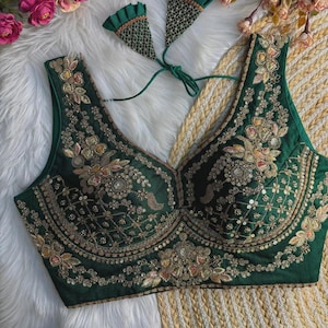 Bottle Green Sabyasachi Inspired Neck Bridal Blouse | Beads Work & Heavy Embroidery Blouse | Padded n Back Open Design | Ready-to-Wear Sabyasachi Blouse