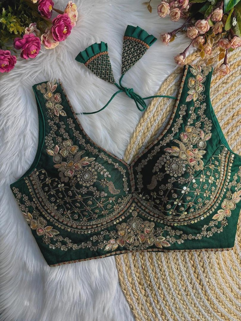Bottle Green Sabyasachi Inspired Neck Bridal Blouse | Beads Work & Heavy Embroidery Blouse | Padded n Back Open Design | Ready-to-Wear Sabyasachi Blouse