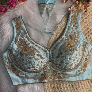 Light Blue Sabyasachi Inspired Neck Bridal Blouse | Beads Work & Heavy Embroidery Blouse | Padded n Back Open Design | Ready-to-Wear Sabyasachi Blouse