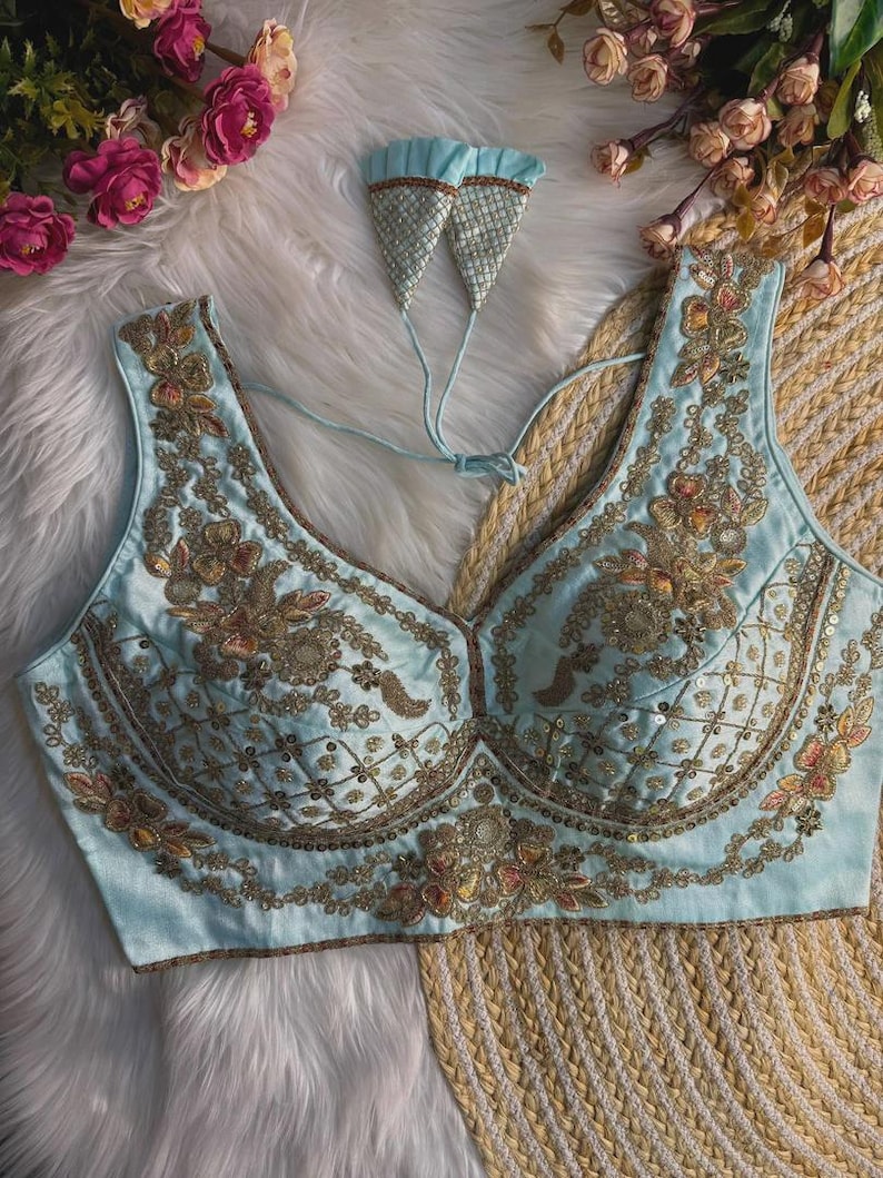 Light Blue Sabyasachi Inspired Neck Bridal Blouse | Beads Work & Heavy Embroidery Blouse | Padded n Back Open Design | Ready-to-Wear Sabyasachi Blouse