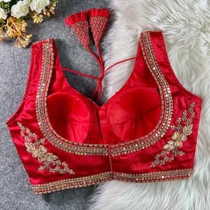 Red Back Sabyasachi Inspired Neck Bridal Blouse | Beads Work & Heavy Embroidery Blouse | Padded n Back Open Design | Ready-to-Wear Sabyasachi Blouse