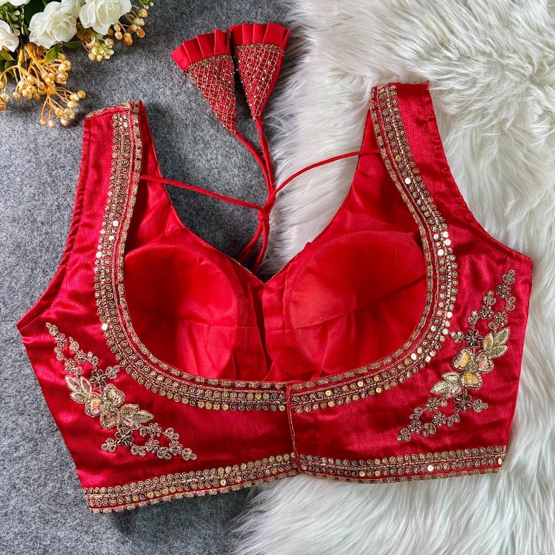 Red Back Sabyasachi Inspired Neck Bridal Blouse | Beads Work & Heavy Embroidery Blouse | Padded n Back Open Design | Ready-to-Wear Sabyasachi Blouse