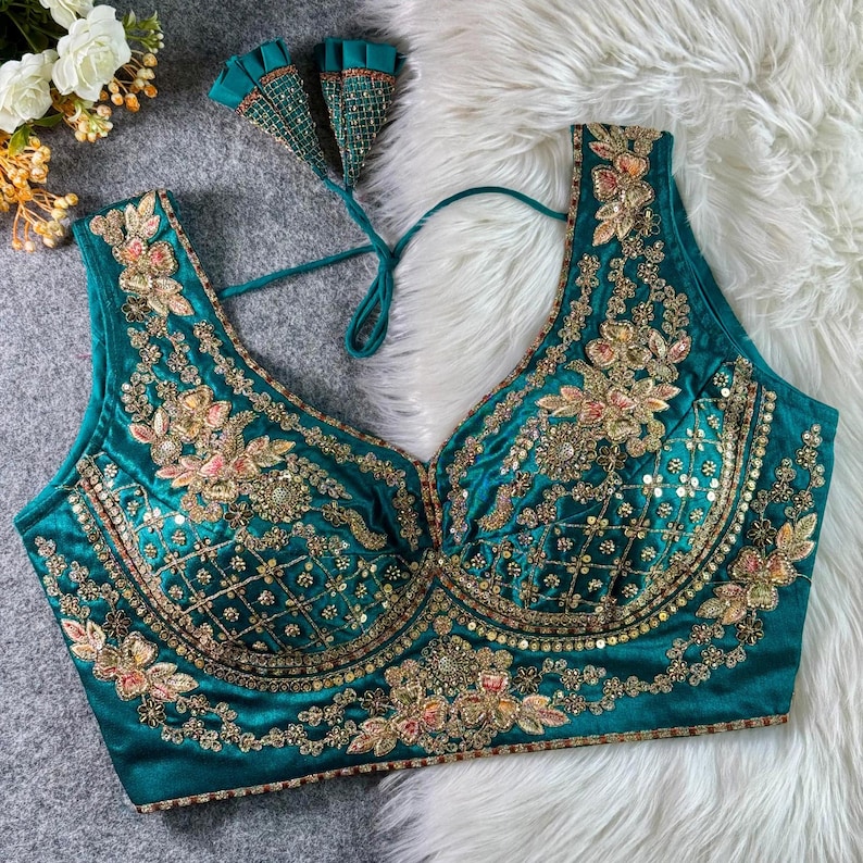 Rama Sabyasachi Inspired Neck Bridal Blouse | Beads Work & Heavy Embroidery Blouse | Padded n Back Open Design | Ready-to-Wear Sabyasachi Blouse