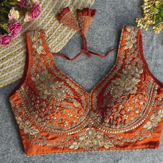 Sabyasachi Inspired Bridal Blouse: Italian Silk, Heavy Embroidery, Padded Back Open