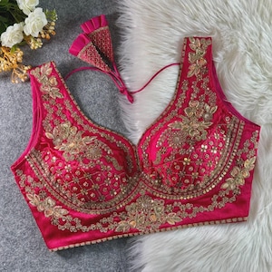Rani Sabyasachi Inspired Neck Bridal Blouse | Beads Work & Heavy Embroidery Blouse | Padded n Back Open Design | Ready-to-Wear Sabyasachi Blouse