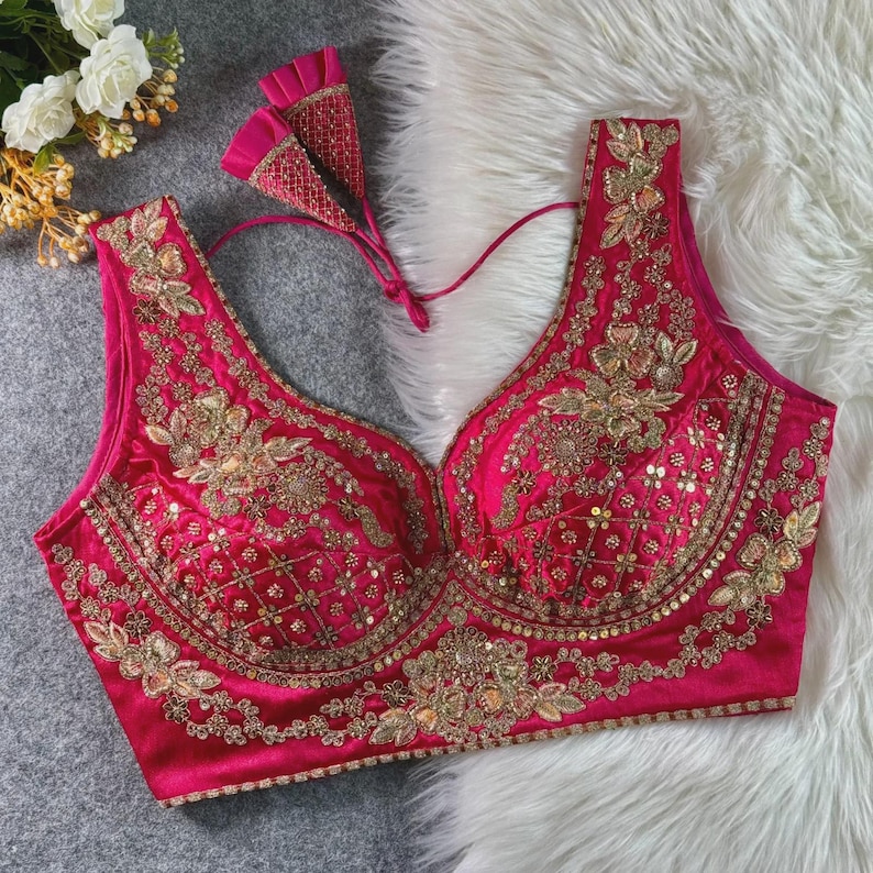 Rani Sabyasachi Inspired Neck Bridal Blouse | Beads Work & Heavy Embroidery Blouse | Padded n Back Open Design | Ready-to-Wear Sabyasachi Blouse