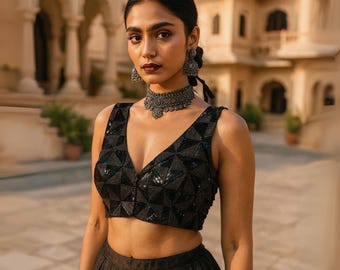Sequin Party Blouse: Black Geometric Design, Handmade Hooks