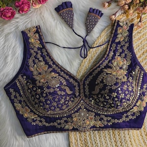 Purple Sabyasachi Inspired Neck Bridal Blouse | Beads Work & Heavy Embroidery Blouse | Padded n Back Open Design | Ready-to-Wear Sabyasachi Blouse