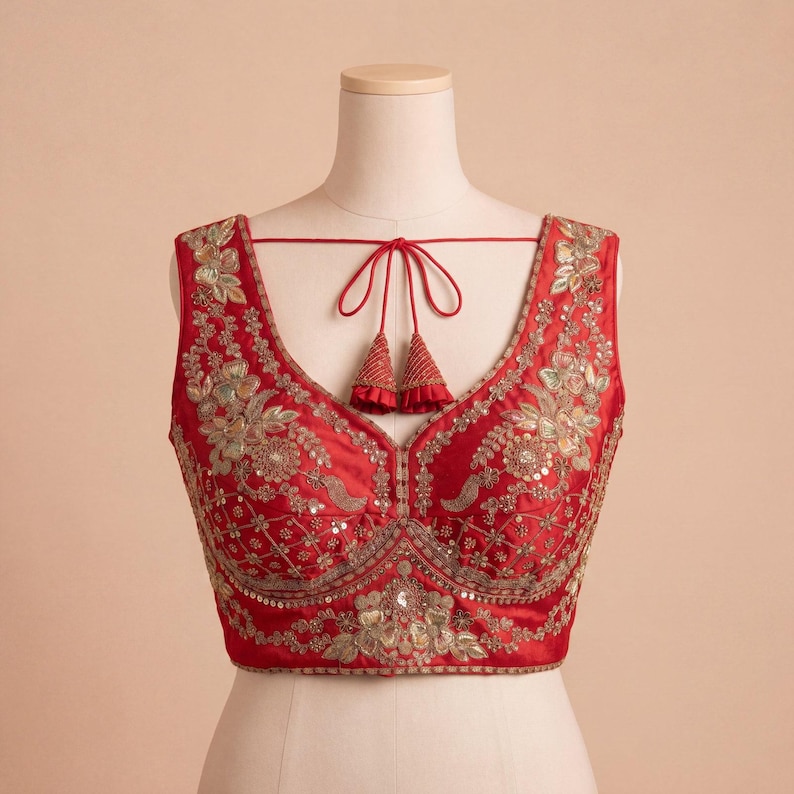 Op de afbeelding: Een mouwloze rode blouse met ingewikkelde gouden borduursels en pailletten details. De blouse heeft een diepe V-hals en een striksluiting met kwastjes. Het kledingstuk wordt op een mannequin getoond.