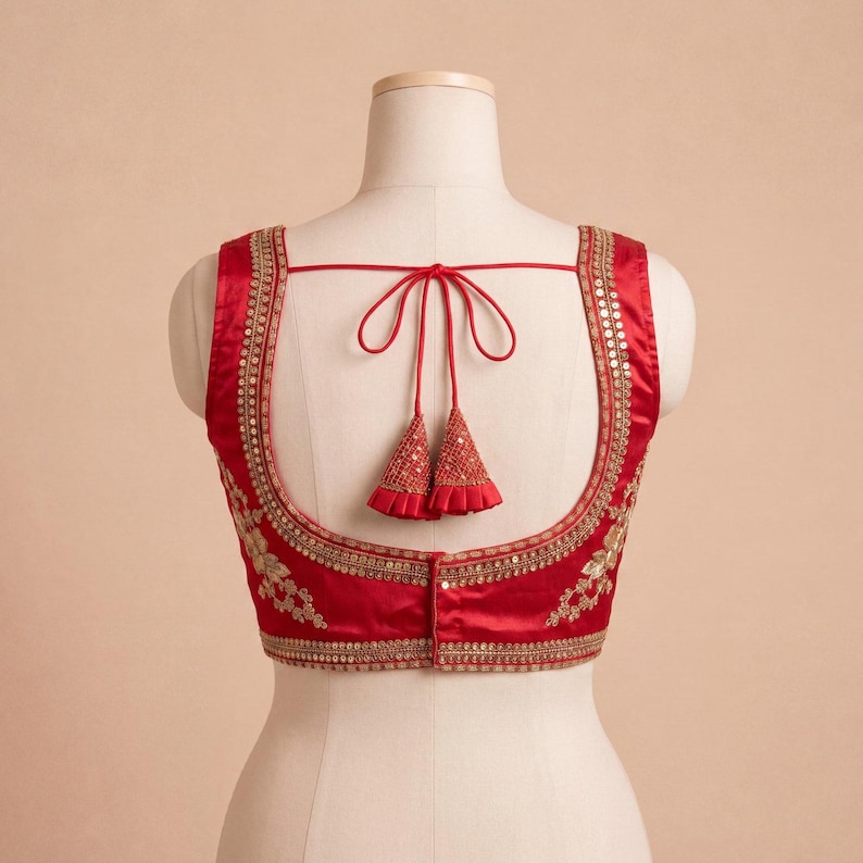 Op de afbeelding: Een rode mouwloze blouse met gouden borduursels en versieringen. De blouse heeft een ronde rug en een striksluiting met decoratieve kwastjes. De halslijn en armsgaten zijn afgewerkt met gouden details. De blouse wordt op een mannequin gepresenteerd.