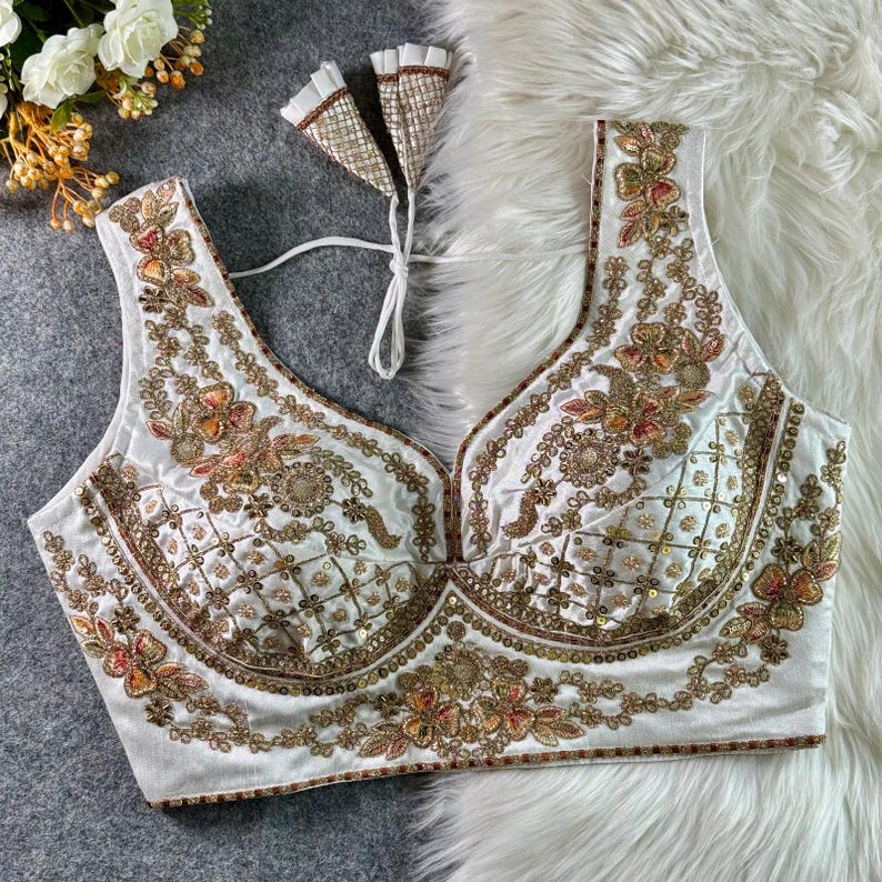 White Sabyasachi Inspired Neck Bridal Blouse | Beads Work & Heavy Embroidery Blouse | Padded n Back Open Design | Ready-to-Wear Sabyasachi Blouse