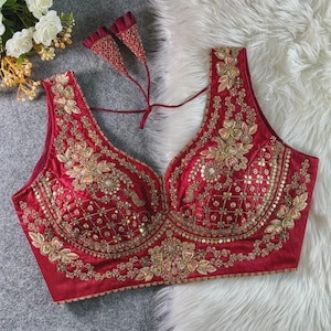 Maroon Sabyasachi Inspired Neck Bridal Blouse | Beads Work & Heavy Embroidery Blouse | Padded n Back Open Design | Ready-to-Wear Sabyasachi Blouse