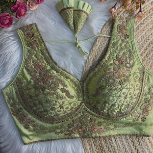 Pista Green Sabyasachi Inspired Neck Bridal Blouse | Beads Work & Heavy Embroidery Blouse | Padded n Back Open Design | Ready-to-Wear Sabyasachi Blouse