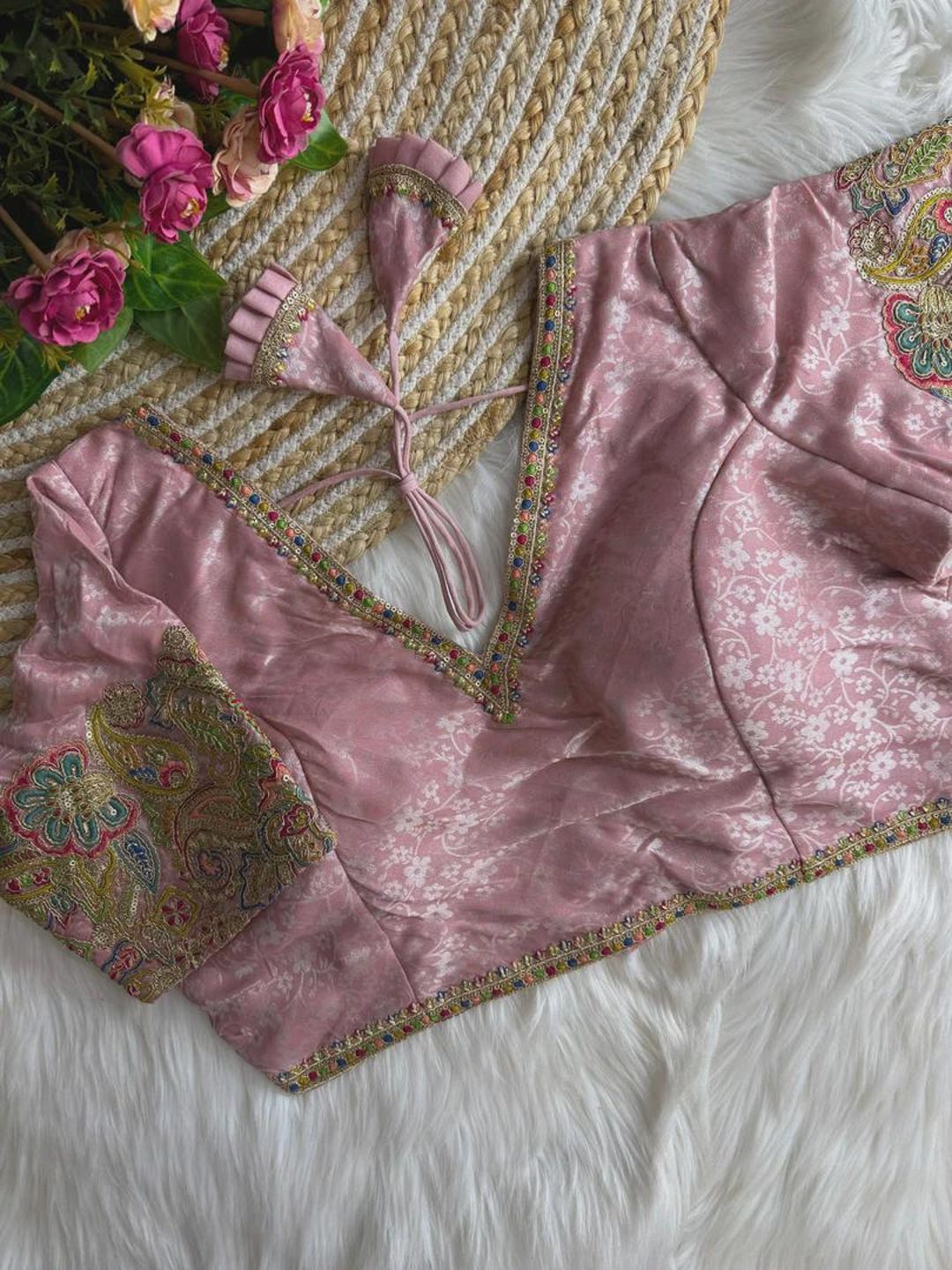 Heavy Embroidery V-neck Blouse: Padded Back Open, Ready-to-wear - Etsy