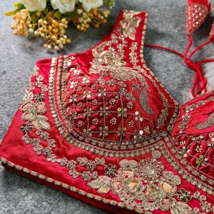 Red Sabyasachi Inspired Neck Bridal Blouse | Beads Work & Heavy Embroidery Blouse | Padded n Back Open Design | Ready-to-Wear Sabyasachi Blouse