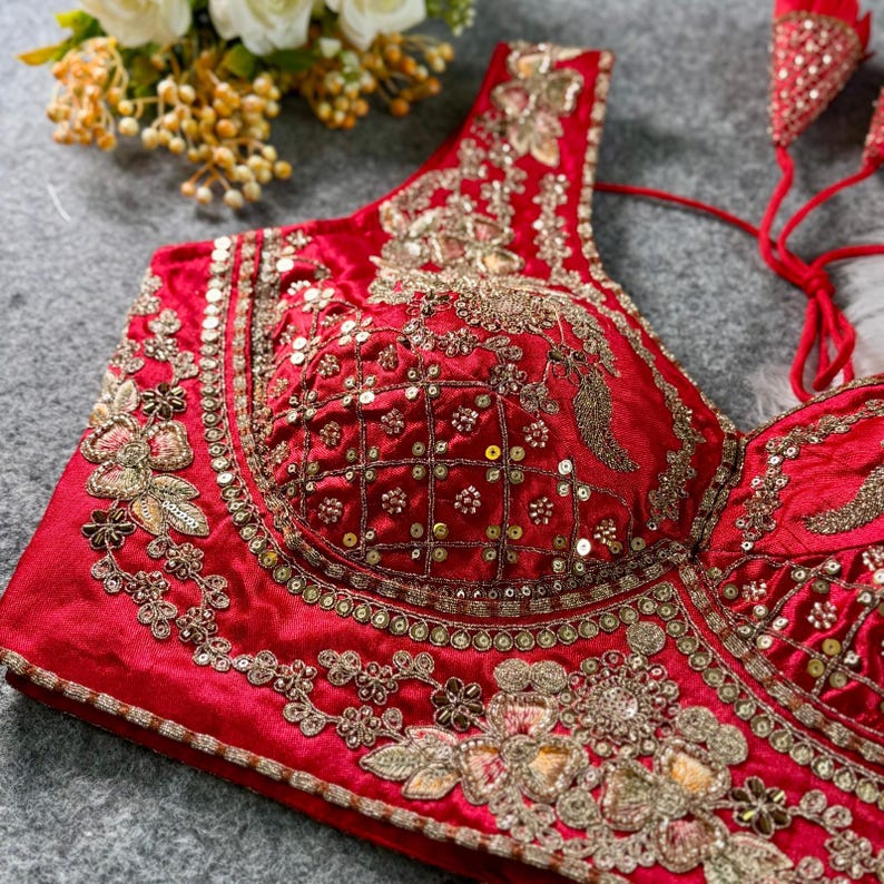 Red Sabyasachi Inspired Neck Bridal Blouse | Beads Work & Heavy Embroidery Blouse | Padded n Back Open Design | Ready-to-Wear Sabyasachi Blouse