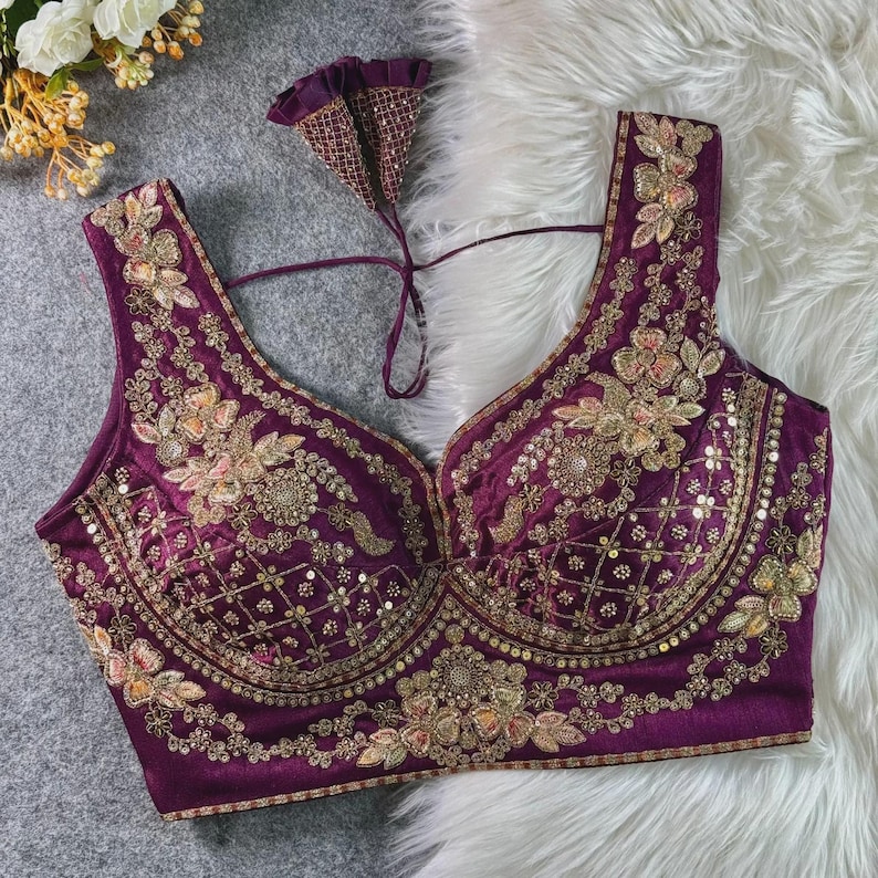 Wine Sabyasachi Inspired Neck Bridal Blouse | Beads Work & Heavy Embroidery Blouse | Padded n Back Open Design | Ready-to-Wear Sabyasachi Blouse