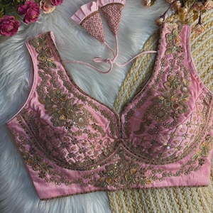 Pink Sabyasachi Inspired Neck Bridal Blouse | Beads Work & Heavy Embroidery Blouse | Padded n Back Open Design | Ready-to-Wear Sabyasachi Blouse