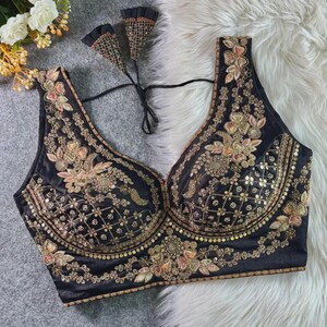 Black Sabyasachi Inspired Neck Bridal Blouse | Beads Work & Heavy Embroidery Blouse | Padded n Back Open Design | Ready-to-Wear Sabyasachi Blouse